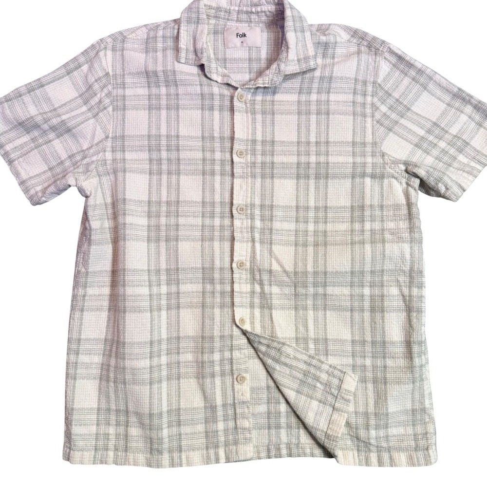 Folk Plaid Short Sleeve Shirt Mens Size M Grey White Cotton Linen Textured